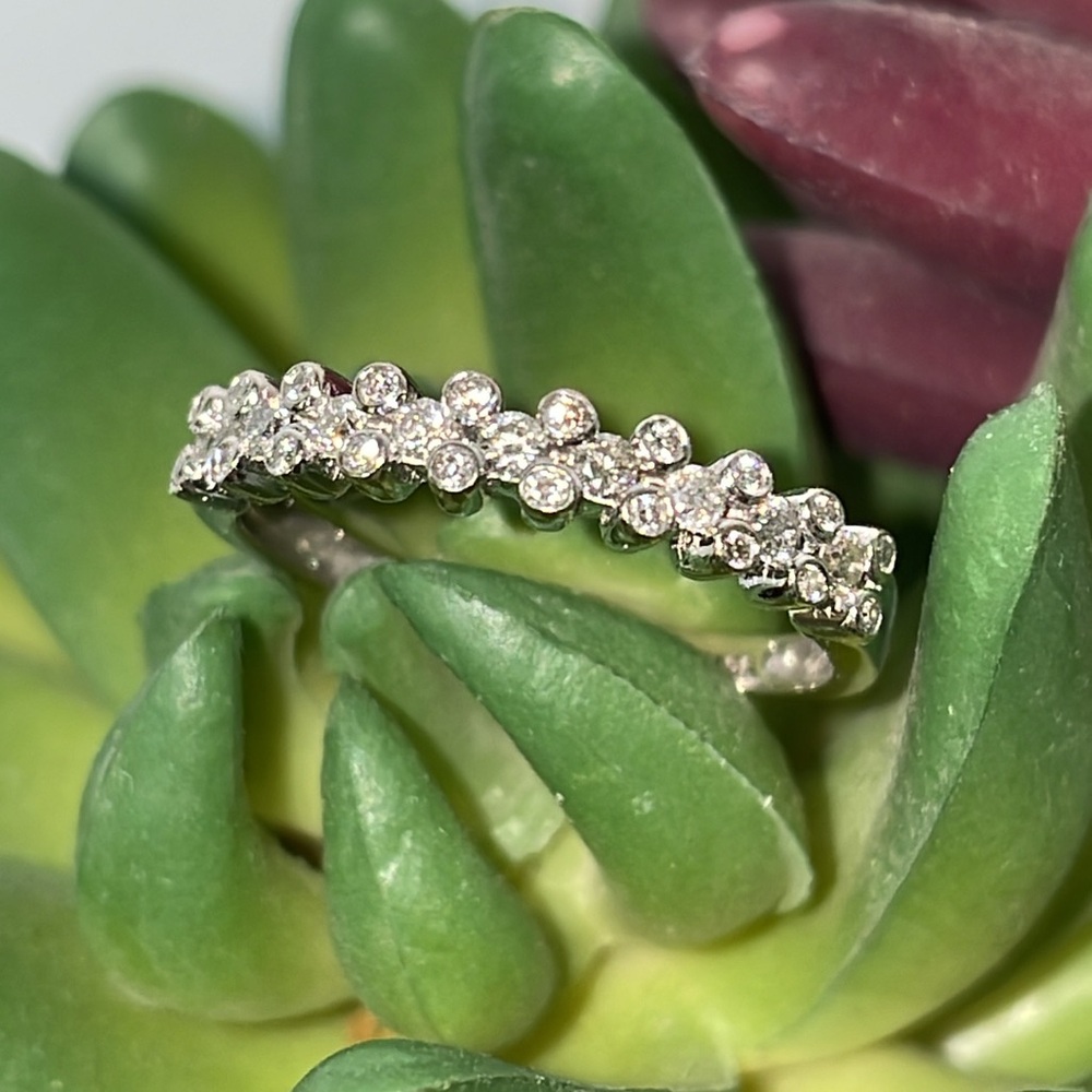 Solid 14K White Gold Natural Diamonds Bezel Bubbles Band Ring Stackable Stacking